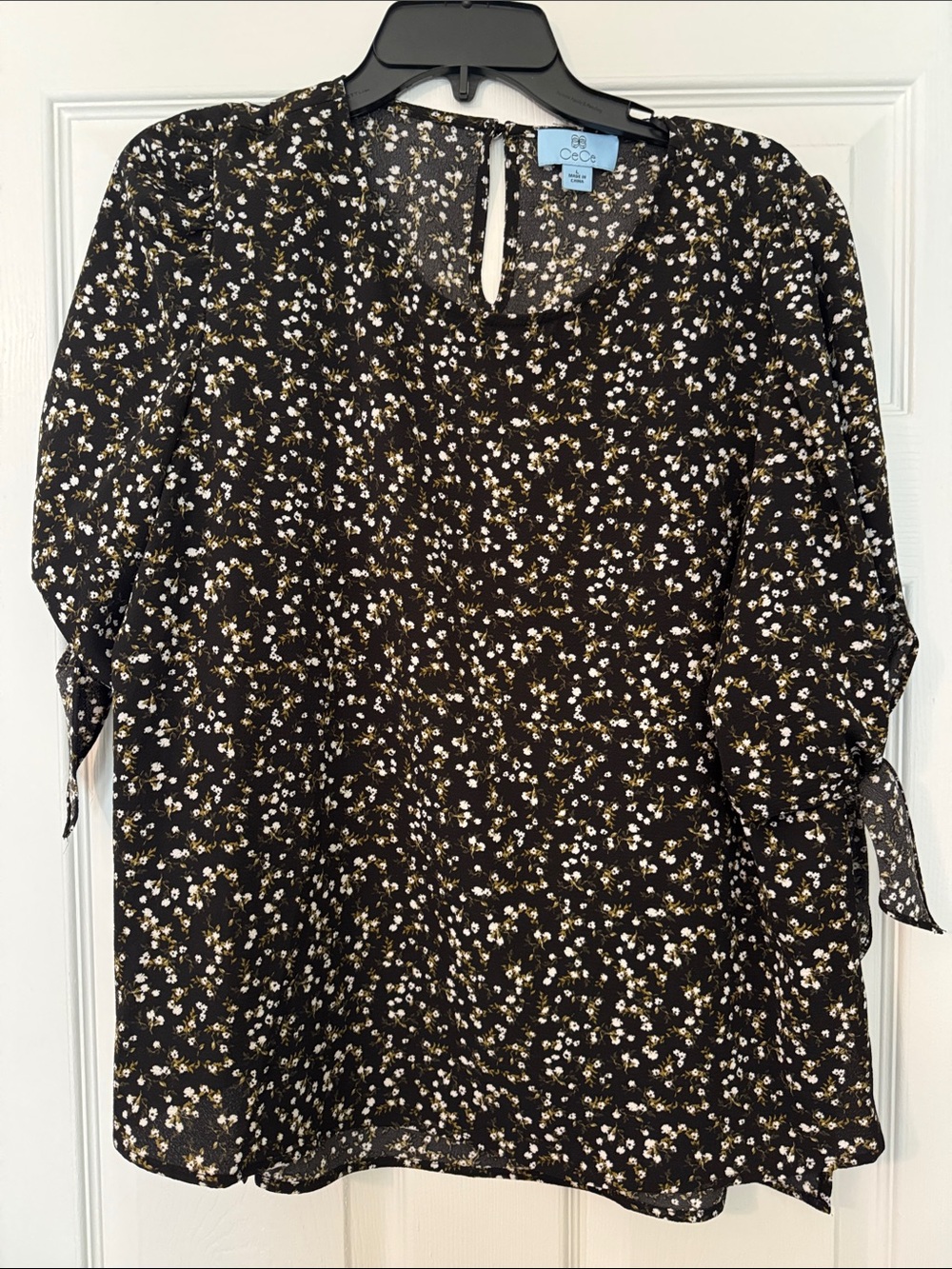Black Floral Chiffon Blouse with Tie Sleeves